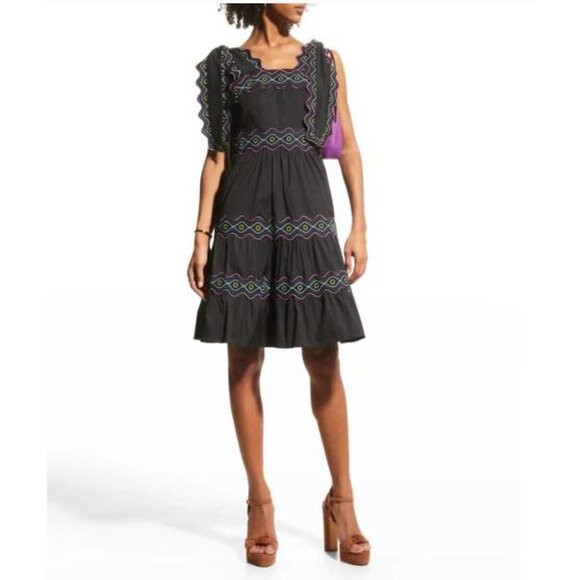 CeliaB Umi Black Tie Shoulder Embroidered Ruffle Midi Dress NWOT - Size S - Picture 4 of 11